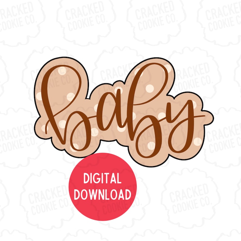 Puede incluir: Descarga digital de un cortador de galletas con forma de la palabra "beb&eacute;" con un contorno marr&oacute;n y un fondo de lunares beige.