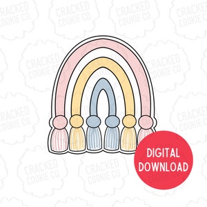 May include: A digital download of a rainbow cookie cutter with a pink, yellow, and blue color scheme. The rainbow has a fringe design at the bottom.