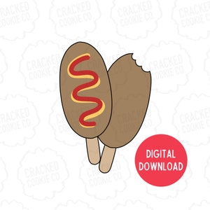 May include: Two brown corn dog cookie cutters, one with a bite taken out of it. The corn dog on the left has a red and yellow squiggly line representing mustard and ketchup.  The text "DIGITAL DOWNLOAD" is in red on a white circle.