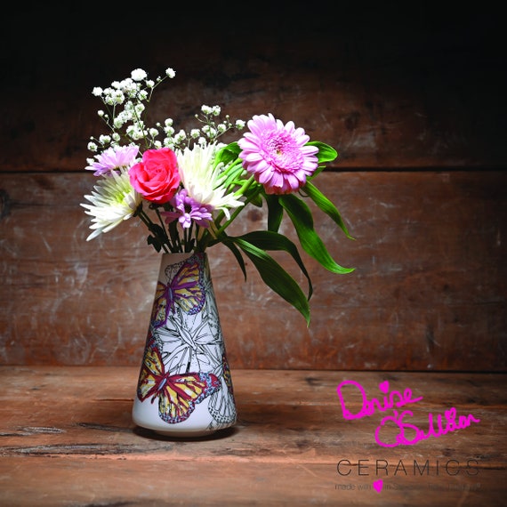 Butterfly vase, flower vase, hand painted, flower, butterfly, pottery, gift for her, love you, thank you, wedding, birthday, mothers day