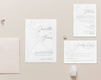 Minimalist Floral Wedding Invitation Set Templates, INSTANT DOWNLOAD, Printable, RSVP and Details Cards, 100% Editable Text, DiY,  #027