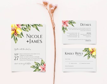 Tropical Wedding Invitation Set Templates, INSTANT DOWNLOAD, Printable, RSVP and Details Cards, 100% Editable Text, DiY,  #028