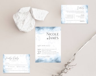 Blue Watercolor Modern Wedding Invitation Set Templates, INSTANT DOWNLOAD, Printable, RSVP and Details Cards, 100% Editable Text, DiY,  #030