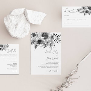 黒と白の花柄の結婚式招待状セット テンプレート、即時ダウンロード、印刷可能、RSVP および詳細カード、100% 編集可能なテキスト、DIY、#032