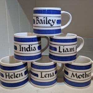 Hand painted ceramic, personalised, blue and white mugs, perfect gift - Personalise and request any name