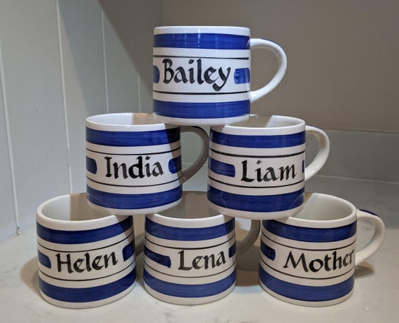 Hand Painted Ceramic Personalised Blue and White Mugs Perfect