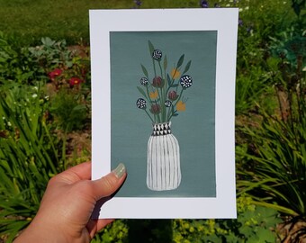 Original art Original A5 botanical painting Floral art Hand painted Gouache painting Colourful plants painting Gift for her