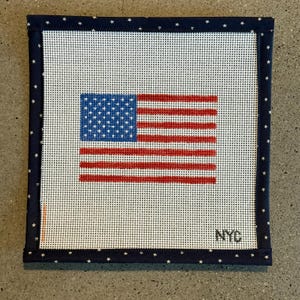 American Flag Needlepoint Canvas 13 Mesh Orange Line, Zweigart Mono Deluxe canvas with fabric edges, 8x8 inches, 4x3&quot; Flag
