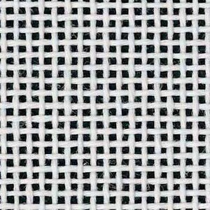 May include: Close-up of a white and black woven fabric. The fabric has a grid-like pattern, with white threads interlacing to create a series of small, evenly spaced squares. The black threads are visible in the background.