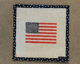 American Flag Needlepoint Canvas 13 Mesh Orange Line, Zweigart Mono Deluxe canvas with fabric edges, 8x8 inches, 4x3" Flag