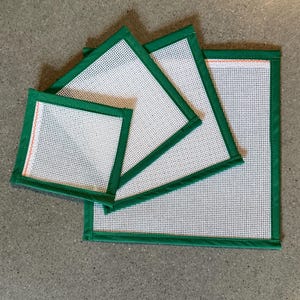 18 Mesh Green Blank Needlepoint Canvas Orange Line, Zweigart Mono Deluxe canvas with cotton fabric edges; 4x4, 5x5, 6x6, 7x7, 8x8 +