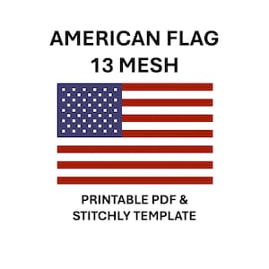 May include: An American flag design with 13 mesh, featuring a blue rectangle with white stars and red and white stripes. The text "AMERICAN FLAG 13 MESH" is above the flag, and "PRINTABLE PDF & STITCHLY TEMPLATE" is below.