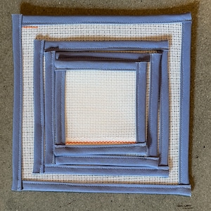 18 Mesh Periwinkle Blank Needlepoint Canvas Orange Line, Zweigart Mono Deluxe canvas with cotton fabric edges; 4x4, 5x5, 6x6, 7x7, 8x8 +