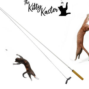 May include: A white cat toy wand with a black handle and a feather on the end. Two cats are playing with the wand, one is brown and white and the other is orange. The text "The Kitty Kaster" is visible in the top left corner of the image.