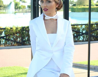 Traje de boda LGBT, elegante chaqueta de esmoquin blanca, mono, pajarita