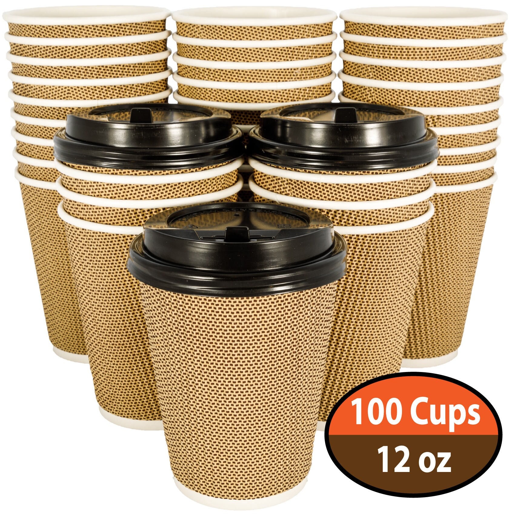 [50 Pack] Disposable Coffee Cups with Lids - 12 oz White Double Wall Insulated Coffee Cups with Black Dome Lid - Kraft Reusable Coffee Cups with Lids