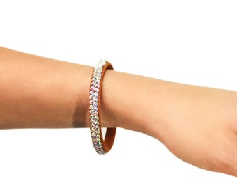 Performance Ballroom Rhinestone Bracelet, Tan AB Crystal Slip-On Bangle for Smooth Latin Competition, Handmade Pro-Am Dance Jewelry