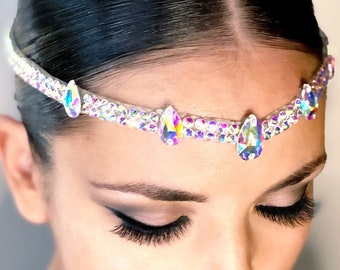 AB Rhinestone Ballroom Dance Headband, Pear-Raindrop Crystal Hair Piece for Smooth Standard Latin Rhythm Competition, Handmade Headpiece