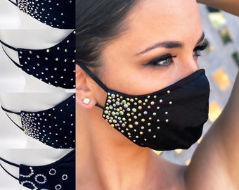 Rhinestone Face Mask-Handmade-Black