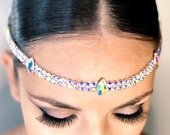 AB Rhinestone Ballroom Dance Headband, Double-Row Navette Crystal Hair Piece for Smooth Standard Latin Rhythm Competition, Handmade
