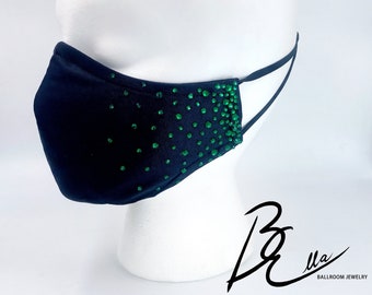 Rhinestone Face Mask-Handmade-Black with Green Stones