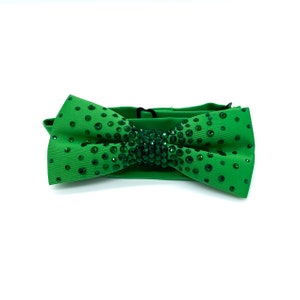 May include: A green bow tie with a large, sparkly green rhinestone design in the center.