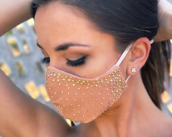 Rhinestone Face Mask - Handmade - Beige