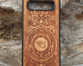 Houten telefoonhoesje voor iPhone 17 16 en Galaxy S26 S25 Eye of Horus