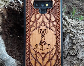 iPhone 17 16 & Galaxy S26 S25 Viking Hammer Mjölnir Norse Wood Phone Case