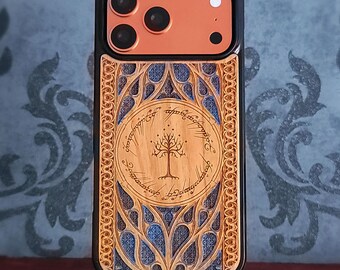 iPhone 17 16 & Galaxy S26 S25 Wooden Phone Case: Laser-Engraved / Blue Hand Painted