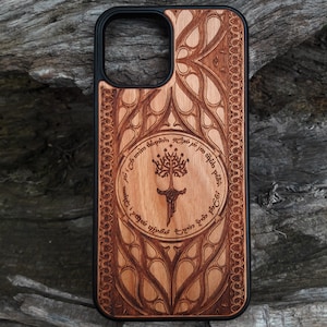 iPhone 16 15 14 13 12 Case, Galaxy S25 S24 S23 Case – Engraved Wood Phone Case with Elvish Script & Tree of Gondor
