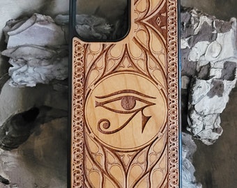 Houten telefoonhoesje voor iPhone 17 16 en Galaxy S26 S25 Eye of Ra Egyptisch symbool
