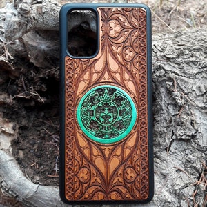Azteken Kalender Holz Handyhülle mit Laser Gravur Mayan Design für iPhone 16, 15, 14 Pro Max & Galaxy S25 S24 S23 S22 Ultra Plus, Einzigartiges Geschenk
