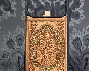 iPhone 17 16 & Galaxy S26 S25 Hamsa Hand Wood Phone Case Laser Engraved with Golden Accents