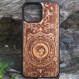 Koi Fish Yin Yang Wood Phone Case: Laser-Engraved Cherry Wood