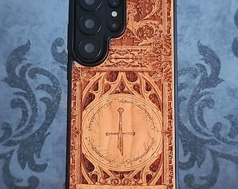 iPhone 17 16 & Galaxy S26 S25 Sword Design - Laser Engraved Wood Phone Case