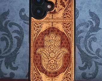 iPhone 17 16 & Galaxy S26 S25 Hamsa Hand Protection Amulet Wood Phone Case