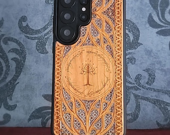 iPhone 17 16 & Galaxy S26 S25 Wooden Phone Case: Gothic Laser-Engraved / Silver Hand-Painted
