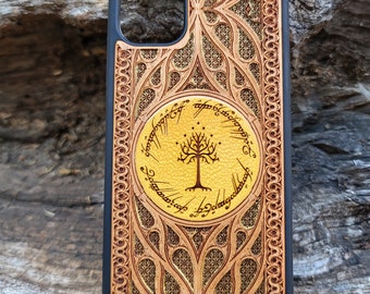 iPhone 17 16 & Galaxy S26 S25 Fantasy Phone Case – Hand-Painted Elvish Runes and White Tree Wood Cover