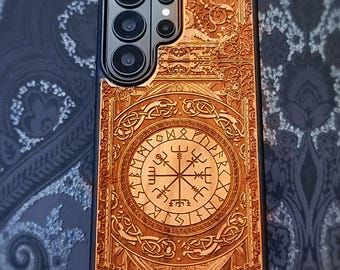 Vegvisir Viking Compass Wood Phone Case – Deep Laser Engraved Runic Symbol Case for iPhone & Galaxy