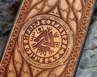 iPhone 17 16 & Galaxy S26 S25 Viking Mjolnir Valhalla Wood Phone Case: Helm of Awe, Norse Mythology