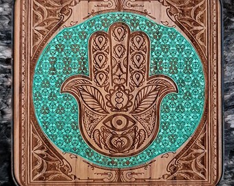Hamsa Hand Phone Accessory Wooden Wireless Charger: Laser Engraved Tech Gift
