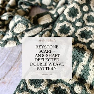 Può includere: Primo piano di una sciarpa tessuta con un motivo geometrico nelle tonalità del verde e del crema. La sciarpa presenta il testo "KEYSTONE SCARF ~ AN 8-SHAFT DEFLECTED DOUBLE WEAVE PATTERN" su sfondo bianco.