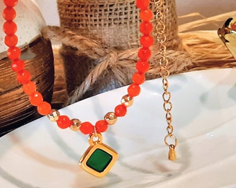 Collier en agate orange, collier orange, pendentif losange, losange vert, bijoux en agate orange, cadeau d'été, cadeau pour elle