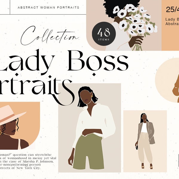 Lady Boss Digital Clipart Abstract Woman African American Printable Poster Portrait Boho Fashion Female Wall Art