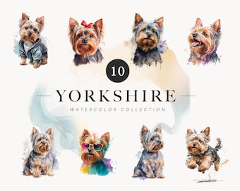 Dog Clipart Yorkshire Terrier Watercolor Dog Portrait Clipart, Little Yorkie Puppy PNG, 10 Dog Pet Bundle, Cute Dog Nursery Clip Art