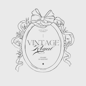 Puede incluir: Ilustración digital en blanco y negro de un marco ovalado con las palabras "VINTAGE Royal" en su interior. El marco está decorado con un lazo, cintas y elementos florales. El texto "DIGITAL ILLUSTRATION BY NASSYART" está en los lados.
