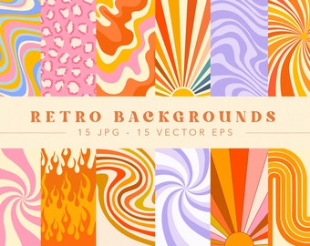 May include: A set of 15 retro-style background patterns in both JPG and EPS formats. The patterns feature a variety of colors and designs, including swirls, stripes, and sunbursts. The text "RETRO BACKGROUNDS 15 JPG - 15 VECTOR EPS" is displayed at the top of the image.