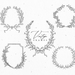 Vintage Crest Floral Vector Eps  Frames Set Flower Wedding Wreath Line Art Botanical Clip Art
