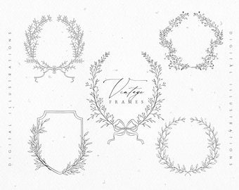 Vintage Crest Floral Vector Eps  Frames Set Flower Wedding Wreath Line Art Botanical Clip Art